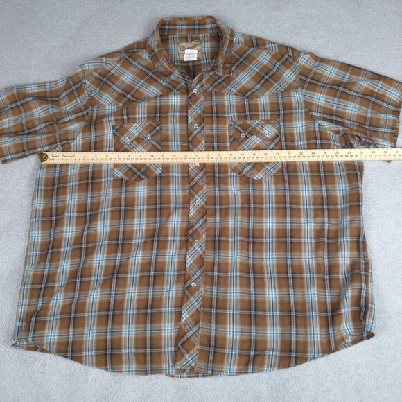 Wrangler Men’s Western XXL Snap Shirt Brown Blue Plaid Pearl Snap Short Sleeve - Picture 7 of 15